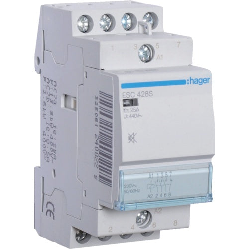 Hager ESC428S. Kontakt Strombelastbarkeit: 25 A, Kabelquerschnitt: 1/6 mm², Temperaturbereich in Betrieb: -10 - 50 °C. AC Eingangsspannung: 230 V, AC Eingangsfrequenz: 50/60 Hz (ESC428S) afbeelding 1