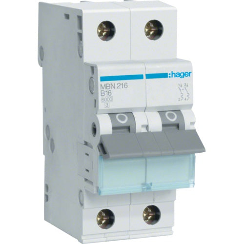 Hager MBN216. Anzahl der Pole: 2P. AC Eingangsfrequenz: 50/60 Hz, Nominale Stromabgabe: 16 A (MBN216) afbeelding 1