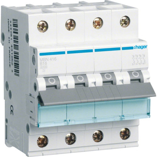 Hager MBN416. Nennstrom: 16 A. Typ: B-type, Module Menge (max): 4 Modul(e). Breite: 70 mm, Tiefe: 70 mm, Höhe: 83 mm (MBN416) afbeelding 1