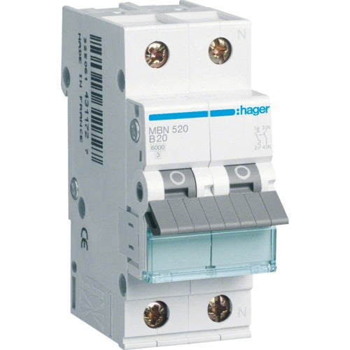 Hager MBN520. Anzahl der Pole: 2P. AC Eingangsfrequenz: 50/60 Hz, Nominale Stromabgabe: 20 A (MBN520) afbeelding 1