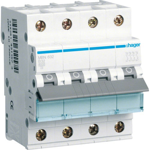 Hager MBN632. Nennstrom: 32 A. Typ: B-type, Module Menge (max): 4 Modul(e). Breite: 70 mm, Tiefe: 70 mm, Höhe: 83 mm (MBN632) afbeelding 1