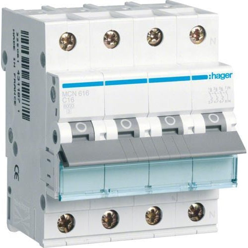 Hager MCN616 Stromunterbrecher Miniatur-Leistungsschalter C-Typ 4P 4 Modul(e) (MCN616) afbeelding 1