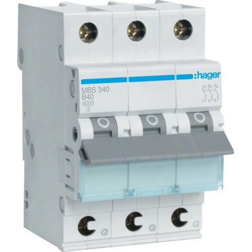 Hager MBS340. Nennstrom: 40 A. Typ: B-type, Module Menge (max): 3 Modul(e). Breite: 52,5 mm, Tiefe: 70 mm, Höhe: 83,4 mm (MBS340) afbeelding 1