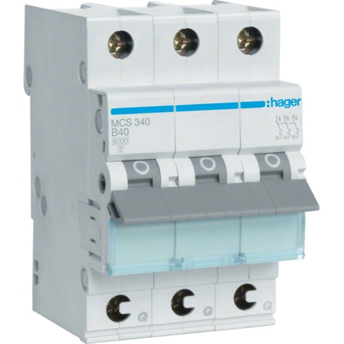 Hager MCS340. Nennstrom: 40 A. Typ: C-type, Module Menge (max): 3 Modul(e). Breite: 52,5 mm, Tiefe: 70 mm, Höhe: 83,4 mm (MCS340) afbeelding 1