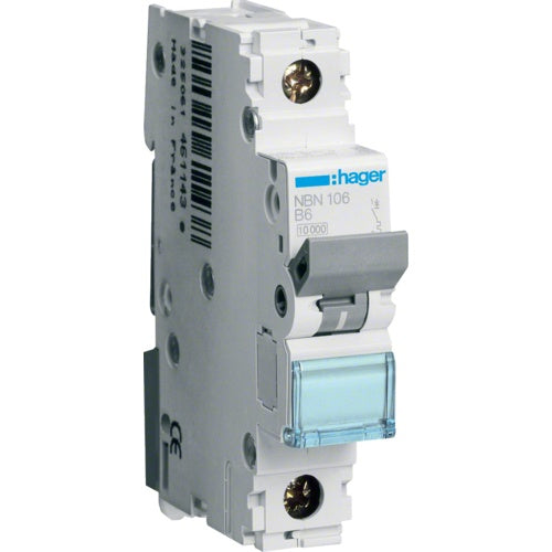 Hager NBN106. Anzahl der Pole: 1P. AC Eingangsfrequenz: 50/60 Hz, Nominale Stromabgabe: 6 A. Breite: 17,5 mm, Tiefe: 70 mm, Höhe: 83 mm (NBN106) - 3250614613692 - image 1