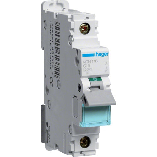 Hager NCN116. Anzahl der Pole: 1P. AC Eingangsfrequenz: 50/60 Hz, Nominale Stromabgabe: 16 A. Breite: 17,5 mm, Tiefe: 70 mm, Höhe: 83 mm (NCN116) afbeelding 1