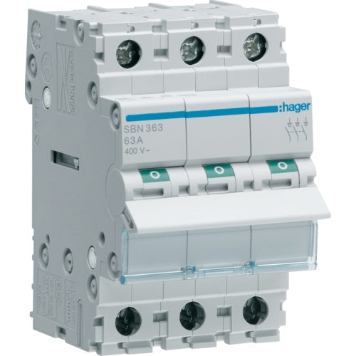 Hager SBN363. Nennstrom: 63 A, Spulenspannung (max): 440 V. Module Menge (max): 3 Modul(e), Internationale Schutzart (IP-Code): IP20. Breite: 52,5 mm, Höhe: 83 mm (SBN363) afbeelding 1
