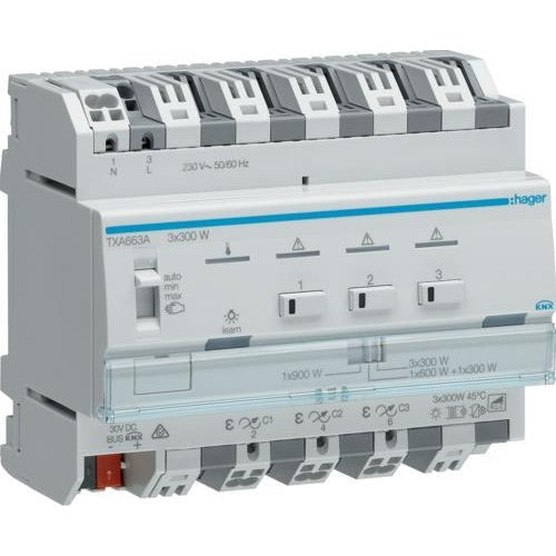 Hager TXA663A. Produkttyp: Dimmerauslöser, Befestigungstyp: DIN-Schienenmontage, Anzahl Kanäle: 3 Kanäle. Maximale Schaltleistung: 300 W (TXA663A) afbeelding 1