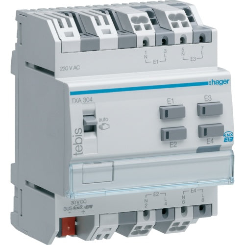 Hager TXA304. Modultyp: Digital, Signalentdeckung: Eingang, Anzahl Kanäle: 4 Kanäle. DC input Spannung: 21 - 32 V, Maximale Eingangsspannung: 230 V, Frequenzbereich: 50 - 60 Hz. Breite: 71 mm, Tiefe: 69 mm, Höhe: 90 mm (TXA304) afbeelding 1