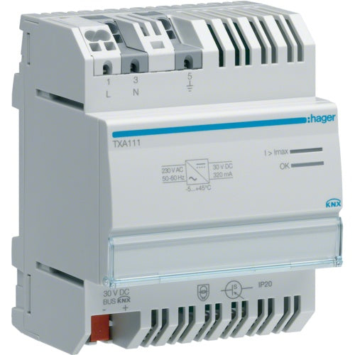 Hager TXA111. Produktfarbe: Grau, Energieschutzeigenschaften: Überlastschutz, Kurzschluß. AC Eingangsspannung: 230 V, AC Eingangsfrequenz: 50/60 Hz, DC-Ausgangsspannung: 30 V. Breite: 72 mm, Tiefe: 64 mm, Höhe: 90 mm (TXA111) afbeelding 1