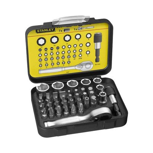 Stanley 1/4 Bit-Satz 25mm mit Mini-Umschaltknarre und Steckschlüsseln 39-teilig (1-13-906) afbeelding 1