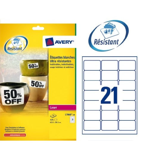 Avery Heavy Duty Laser Labels - Polyesteretiketten - weiß - 63,5 x 38,1 mm 420 Etikett(en) (20 Bogen x 21) (L7060-20.FR) afbeelding 2