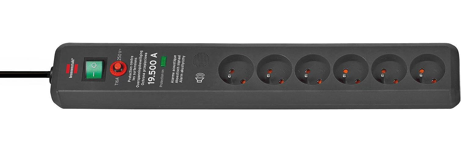 Brennenstuhl 1159541376 Secure-Tec, power distribution unit, 6 sockets type E, 3m, black, with switch and surge protection. Number of sockets: 6 (be) secure 6v surge 19.500a (1159541376) afbeelding 1