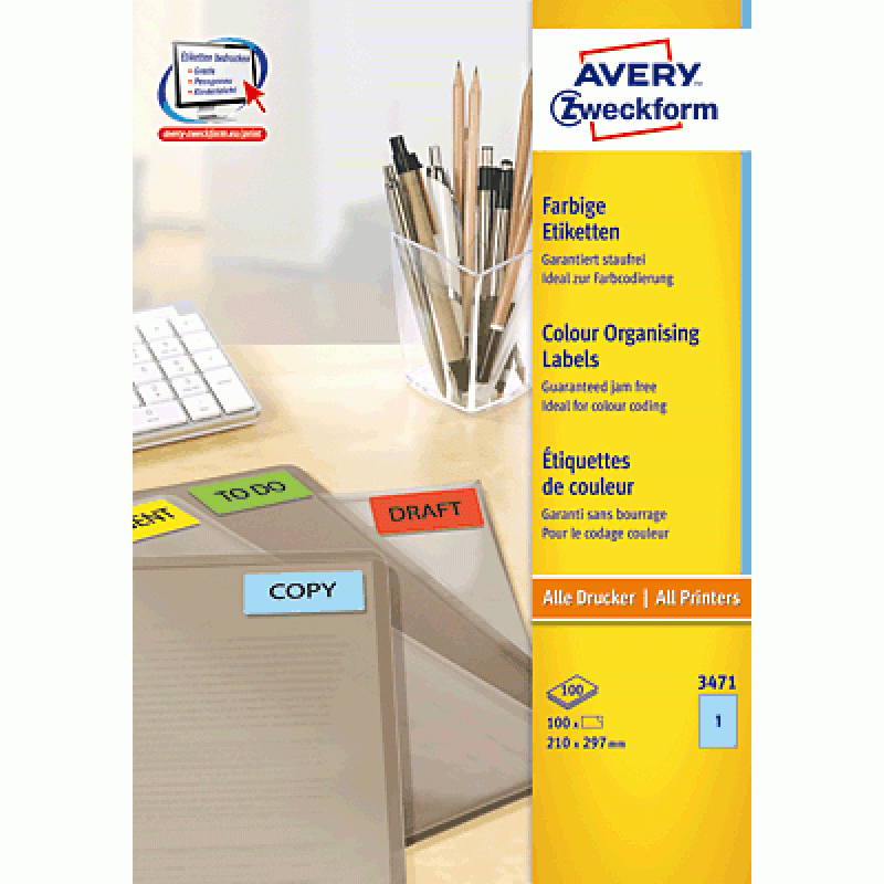 Avery Blue Labels - A4 (210 x 297 mm) - 100 Sheets (3471)