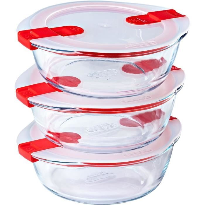 Lot de 3 lunch box - PYREX - Cook & Heat - Verre - Rond - Couvercle a valves vapeur spécial micro-onde - 1,1 L afbeelding 1