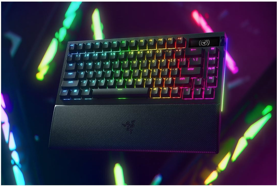 Razer BlackWidow V4 Pro - Keyboard - 75% - with OLED display, command dial - backlit - wireless - USB-C, 2.4 GHz, Bluetooth 5.1 - QWERTY - US International - Key switches: Razer Orange Gen-3 (RZ03-05130300-R3E1)