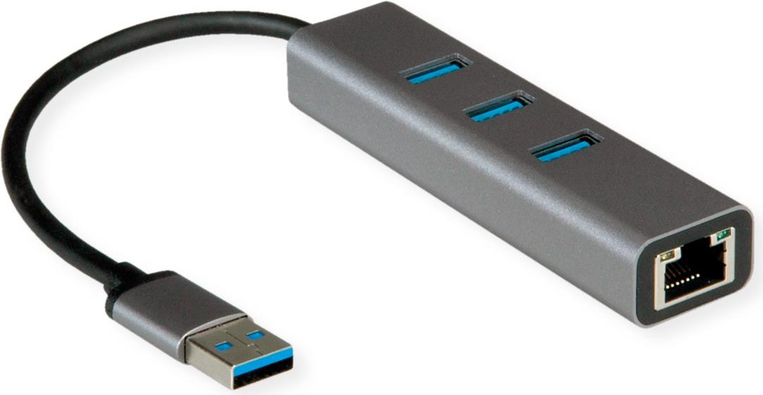 ROLINE USB3.2 Gen1 Gigabit Ethernet Adapter + Hub 3x - Digital/Data - Network (12.02.1112)