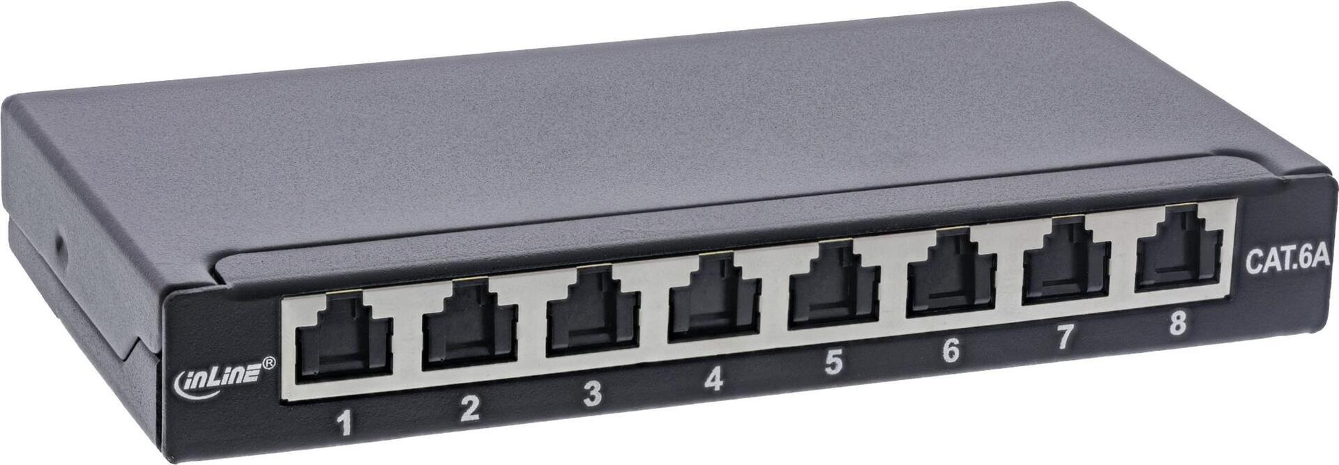 InLine® Cat.6A 0.5U 8-Port Patch Panel, Black, Desktop/Wall/DIN Rail Mounting (76818B)