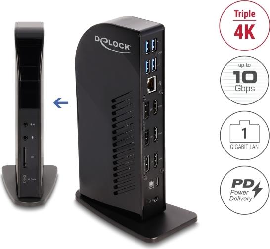 Delock - Docking Station - USB-C/ Thunderbolt 3/ 4 - 3 x HDMI, 3 x DP - 135 Watt - (88051) 1GbE
