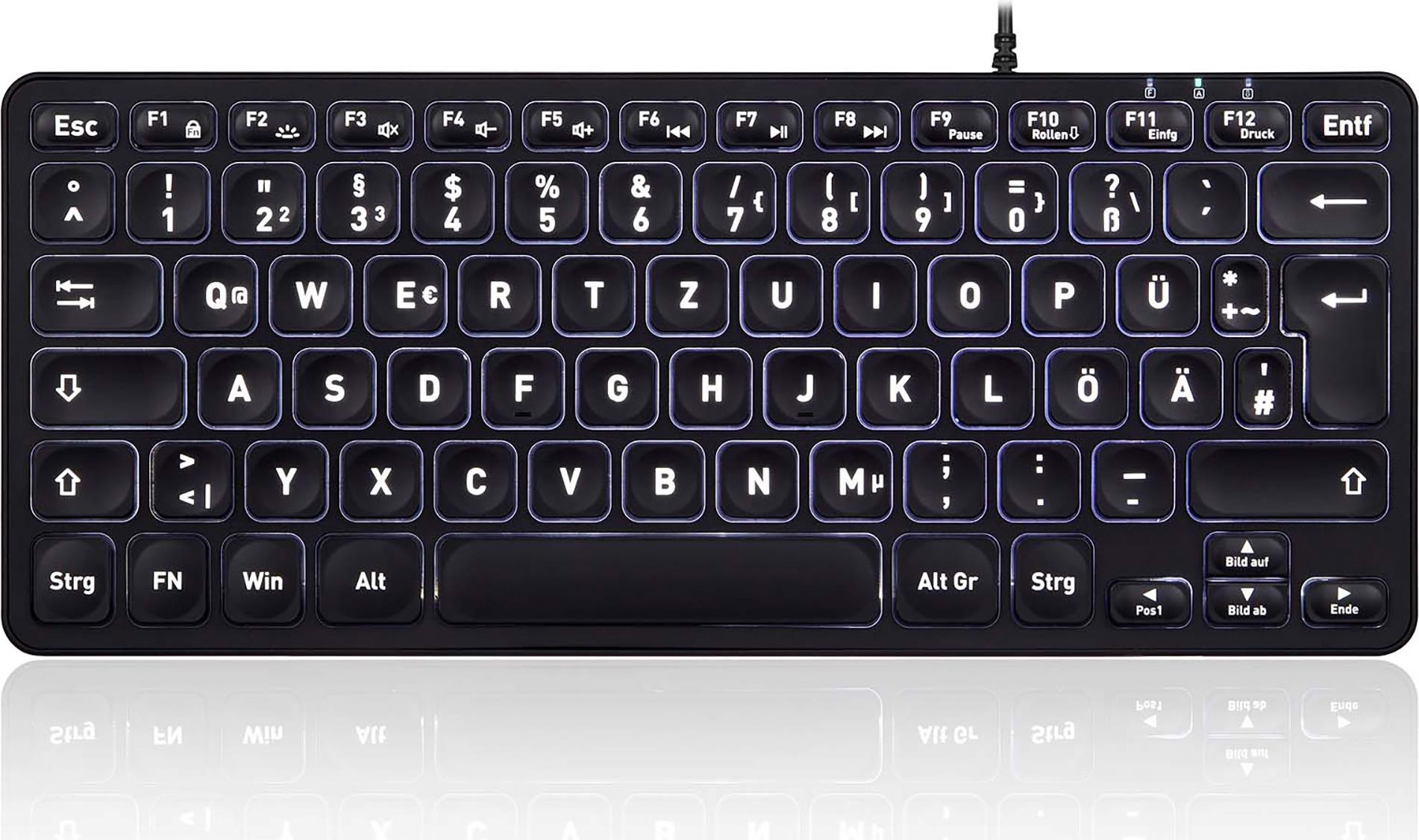 Perixx PERIBOARD-332B. Tastatur Formfaktor: Mini, Geräteschnittstelle: USB, Tastatur-Key Switch: Scherenschlüsselschalter, Tastaturaufbau: QWERTZ. Typ der Hintergrundbeleuchtung: LED. Kabellänge: 1,8 m. Empfohlene Nutzung: Universal. Produk