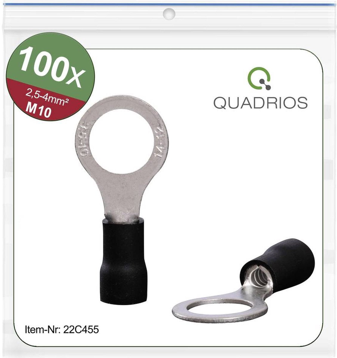 Quadrios 22C455 Ring Terminal, Cross-section (max.)=4.0 mm², Hole-Ø=10.5 mm, Partially Insulated, Black
