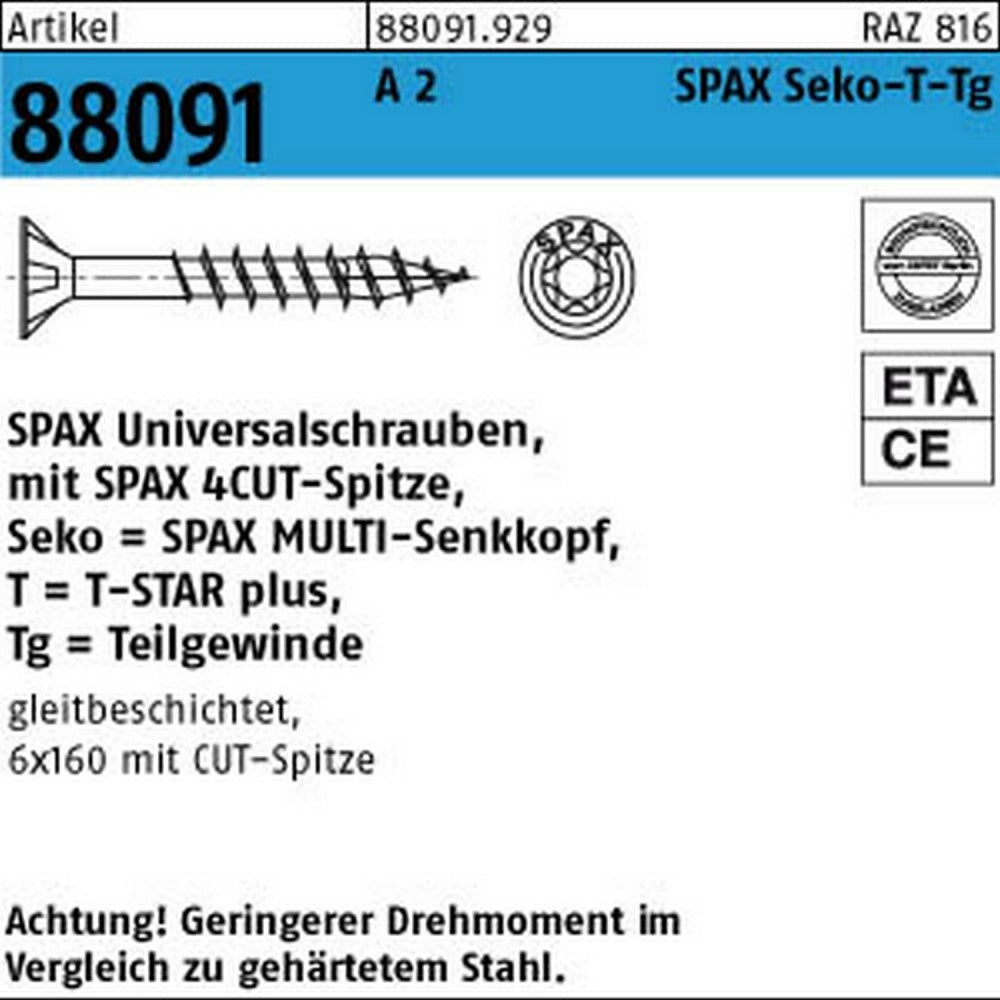 SPAX Universalschrauben T30 Senkkopf Edelstahl A2 0197000600803 6 mm x 80 mm, 100 St. (0197000600803) afbeelding 1