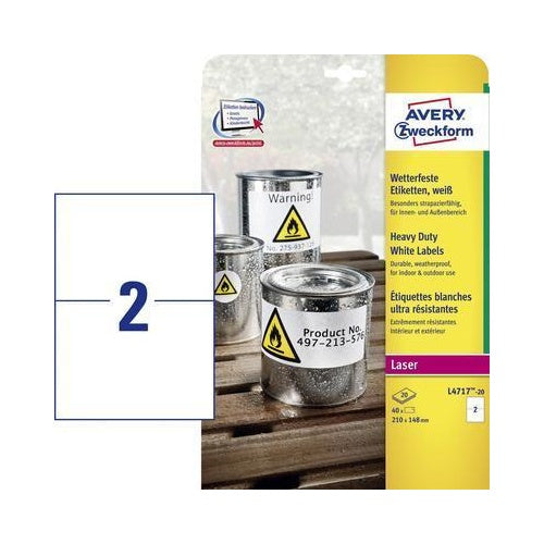 Avery Zweckform - Polyester, Polyethylenterephthalat (PET) - matt - permanenter Klebstoff - beschichtet - weiß - 210 x 148 mm 40 Etikett(en) (20 Bogen x 2) Etiketten (L4717-20) afbeelding 1