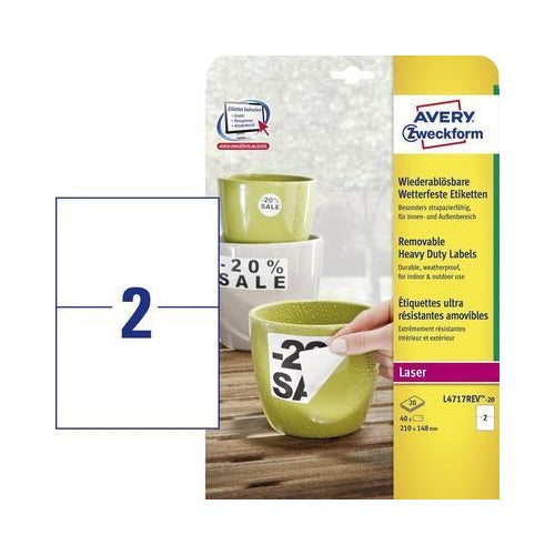 Avery Zweckform - Polyester - matt - entfernbarer Klebstoff - weiß - 210 x 148 mm 40 Etikett(en) (20 Bogen x 2) water-resistant labels (L4717REV-20) afbeelding 1