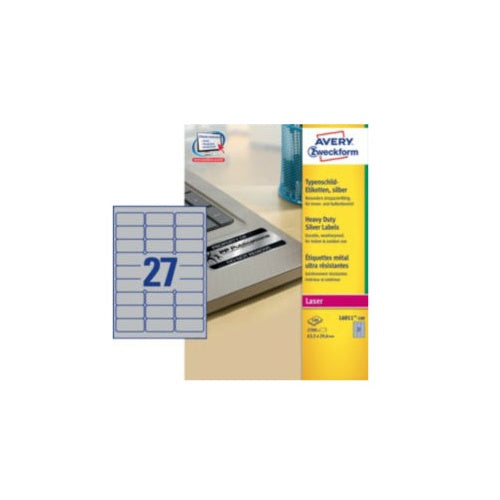 Avery Durable Heavy Duty L6011 - Polyester - permanenter Klebstoff - Silber - 63,5 x 29,6 mm 2700 Etikett(en) (100 Bogen x 27) Etiketten (L6011-100) afbeelding 1