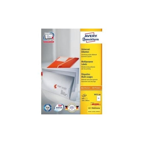 Avery Zweckform 3655 - Etiketten - weiß - 148 x 210 mm - 400 Etikett(en) (200 Bogen x 2) (3655-200) afbeelding 1