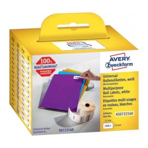Avery Zweckform - Wiederablösbare Klebeetiketten - weiß - 32 x 57 mm 1000 Etikett(en) (1 Rolle(n) x 1000) (AS0722540) afbeelding 1