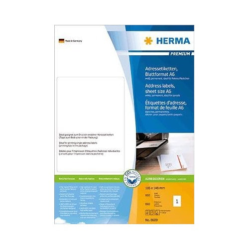 HERMA Premium - Adressetiketten - Papier - matte - permanent self-adhesive - weiß - 105 x 148 mm 800 Etikett(en) (800 Bogen x 1) (8689) afbeelding 1