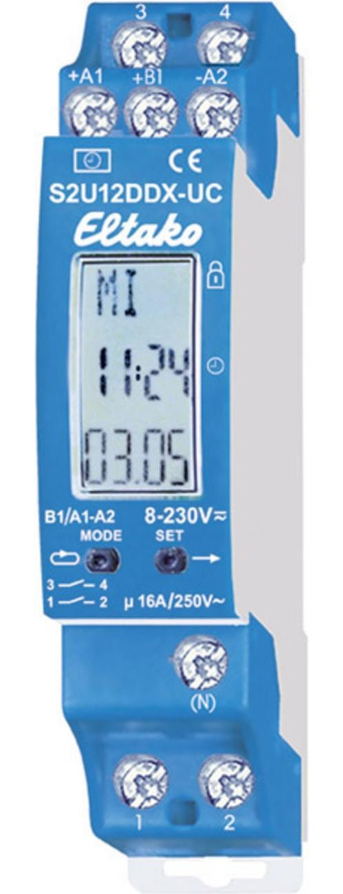 ELTAKO Zeitschaltuhr S2U12DDX-UC 2-Kanal 1+1S 1TE m.Display S2U12DDX-UC (23200901) afbeelding 1