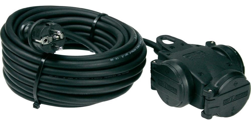 AS Schwabe Strom Verlängerungskabel [ Schutzkontakt-Gummi-Stecker - 3-Wege Schutzkontaktkupplung] Schwarz 10.00 m 604 (60456) afbeelding 1