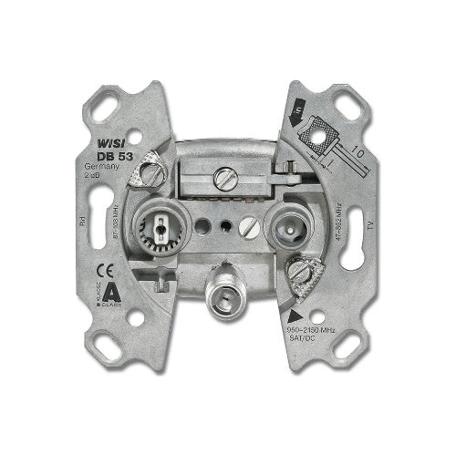 Busch-Jaeger 0230-0-0384. Buchsen-Typ: SAT + TV + Radio. Produktfarbe: Metallisch. Eingangsfrequenz: 47 - 2150 Hz. Breite: 70 mm, Tiefe: 69 mm, Höhe: 22 mm (0230-0-0384) afbeelding 1