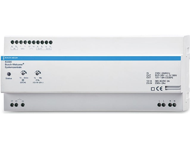 Busch-Jaeger 83300. Befestigungstyp: DIN-Schienenmontage, Schutzart (IP-Code): IP20, Produktfarbe: Weiß. Energiequelle: AC, Leistung: 42 W, Eingangsfrequenz: 50/60. Breite: 216 mm, Tiefe: 65 mm, Höhe: 90 mm (2CKA008300A0046) afbeelding 1