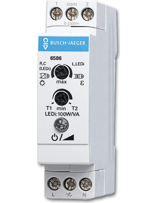 Busch-Jaeger 6586. Typ: Dimmer. Bauform: Montierbar, Produktfarbe: Weiß, Internationale Schutzart (IP-Code): IP20. AC Eingangsspannung: 230 V, AC Eingangsfrequenz: 50/60 Hz, Ohmsche Last (max): 100 W. Breite: 17,5 mm, Tiefe: 63 mm, Höhe: 70 mm (8719542) afbeelding 1