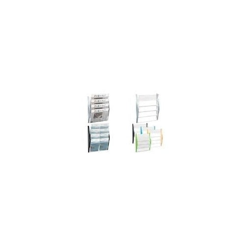 helit Wand-Prospekthalter, DIN A3 quer, 4 Fächer, silber Seitenteile aus farbigem PP, Fächer aus glasklarem PS, - 1 Stück (H6270400) afbeelding 1