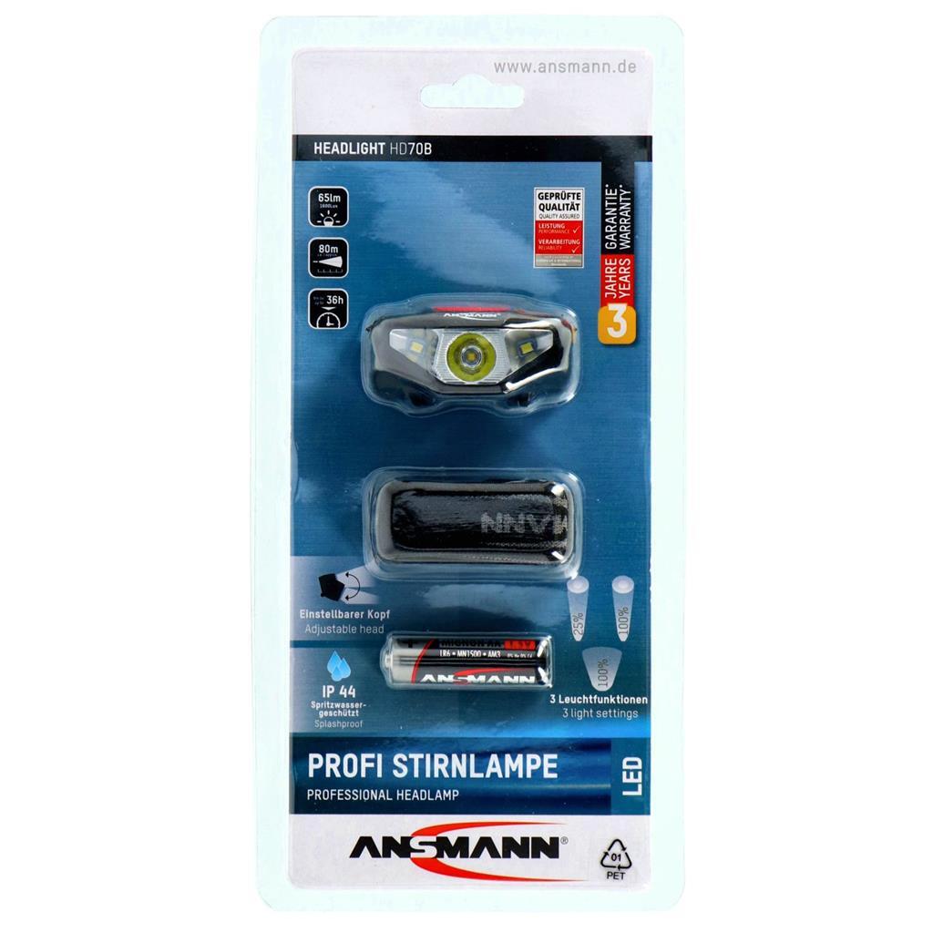 Ansmann LED Headlamp Black - 65 Lumens - 80 m Range - 3 Light Modes