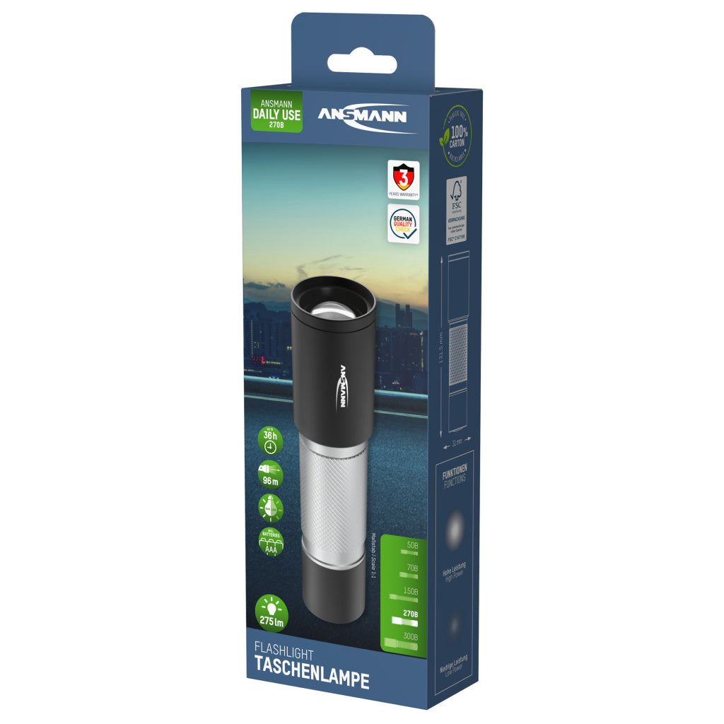 Ansmann Flashlight 270b 275 Lumen - LED Metal Flashlight with Shockproof Housing