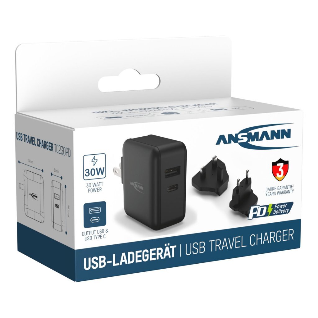 Ansmann USB Travel Charger 30W Interchangeable Plugs Black