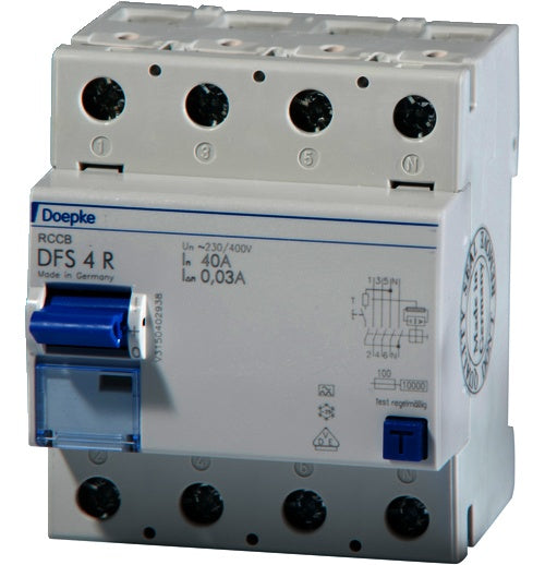 Doepke 09134911. Eingangsspannung: 150 - 250 V, Nennstrom: 40 A. Schutzschaltertyp: Residual-current device, Typ: A-type, Schaltleistung: 10000 A. Breite: 72 mm, Tiefe: 75 mm, Höhe: 85 mm (09134911) afbeelding 1