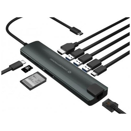 Conceptronic DONN06G - USB 3.2 Gen 1 (3.1 Gen 1) Type-C - HDMI - RJ-45 - USB 3.2 Gen 1 (3.1 Gen 1) Type-A - USB 3.2 Gen 1 (3.1 Gen 1) Type-C - 3840 x 2160 Pixel - MicroSD (TransFlash) - SD - SDHC - SDXC - 5000 Mbit/s - Schwarz - Silber (DONN06G) afbeelding 1