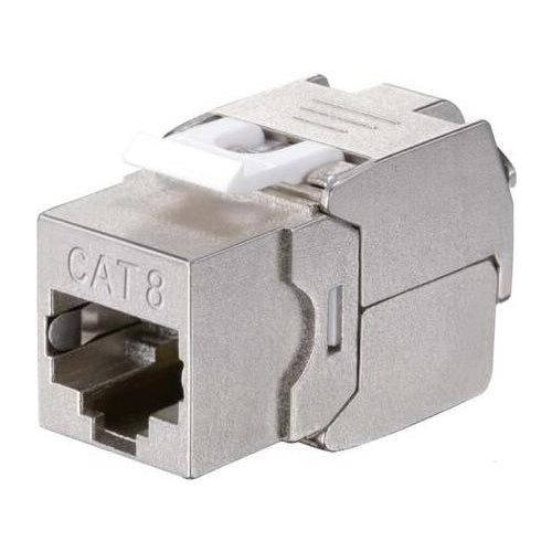 Equip Cat 8.1 Geschirmte Keystone-Buchse, werkzeugfrei, 8 Stück/Packung. Bauart: Flach, Produktfarbe: Edelstahl, Anschluss 1: RJ-45. Breite: 38,5 mm, Tiefe: 16,3 mm, Höhe: 21,4 mm. Verpackungsart: Polybag, Verpackungsbreite: 175 mm, Verpack afbeelding 1