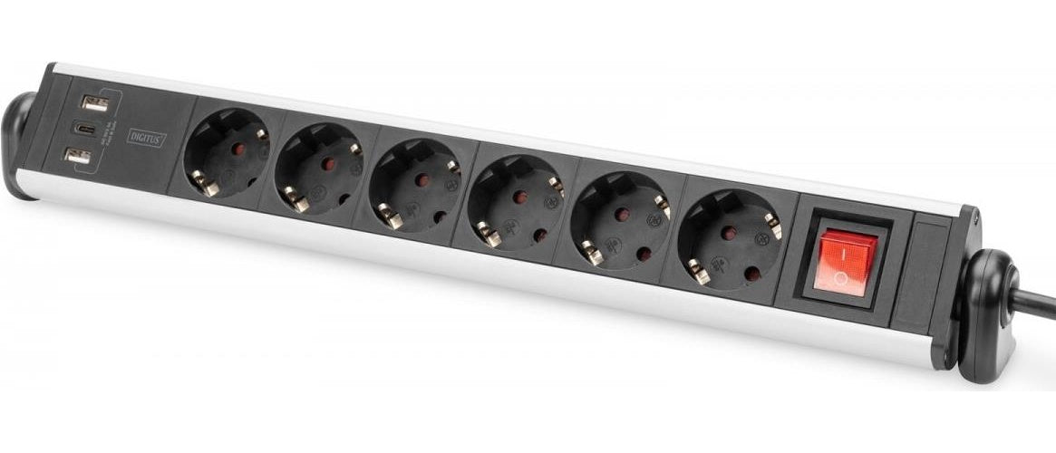 DIGITUS - Steckdosenleiste - mit 3 USB-Ports - Wechselstrom 100-240 V - 3680 Watt - Eingabe, Eingang CEE 7/4 - Ausgangsanschlüsse: 6 (power CEE 7/3) - 1,5m Schnur - Silber, Schwarz (DA-70624) afbeelding 1