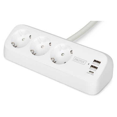 DIGITUS 3-fach Office-Steckdosenleiste mit 2x USB-A und 1x USB-C Anschlüssen, Weiß (DA-70626) afbeelding 1