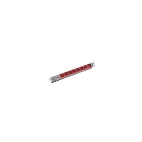 Bachmann 48,30cm (19")-Steckdosenleiste ALU, 8-fach, für USV Mit IEC Kaltgerätestecker C14 (für USV-Anlagen), 8 rote Schutzkontakt-Steckdosen, ohne Schalter, 1HE, lichtgrau RAL7035, 2 m Kabel, Mit 10 A Feinsicherung (333.410) afbeelding 1