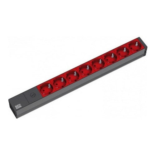 Bachmann 48,30cm (19")-Steckdosenleiste ALU, 8-fach, für USV mit IEC-Kaltgerätestecker IEC320 C14 (für USV-Anlagen), Zuleitung 2 m, 1HE, schwarz, 8 rote Schutzkontakt-Steckdosen, ohne Schalter, Mit 10 A Feinsicherung (333.538) afbeelding 1