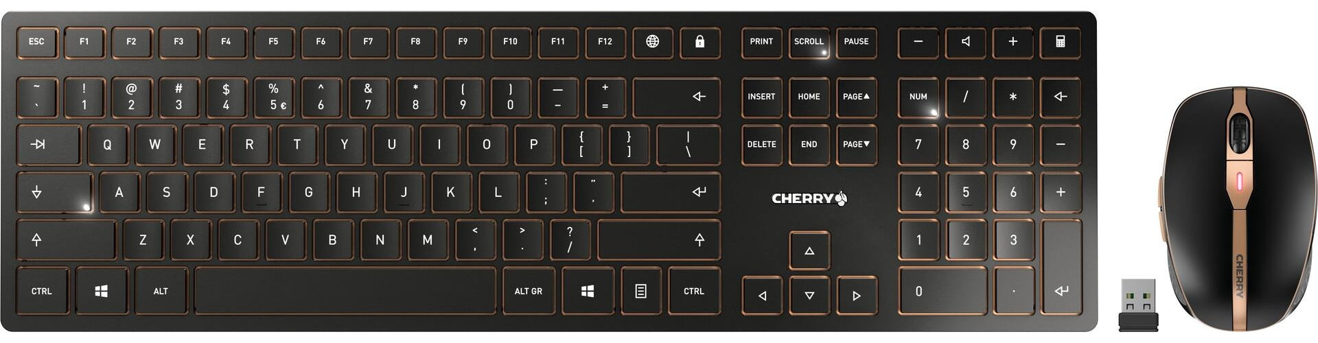 CHERRY DW 9100 SLIM - Tastatur-und-Maus-Set - kabellos - 2,4 GHz, Bluetooth 4,2 - QWERTY - US mit Euro-Symbol - schwarz/bronze (JD-9100EU-2) afbeelding 1