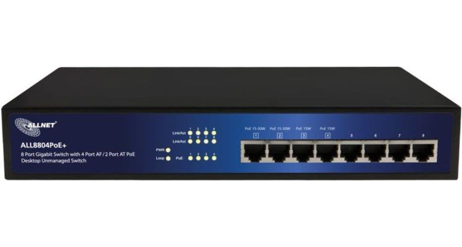 ALLNET ALL8804POE+ - IEEE 802.1p - IEEE 802.3 - IEEE 802.3af - IEEE 802.3at - IEEE 802.3u - IEEE 802.3x - L2 - Gigabit Ethernet (10/100/1000) - Schwarz - Blau - 50/60 Hz - RJ-45 (ALL8804PoE+) afbeelding 1